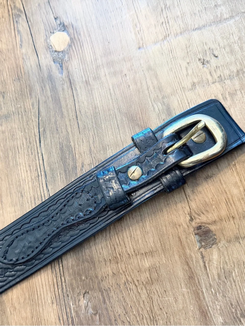Vintage Triple K Braided Leather Ranger Belt. Black | Brass Buckle | Embossed